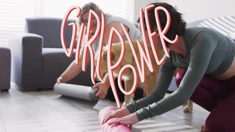 animación de texto de poder de la niña sobre dos mujeres practicando yoga