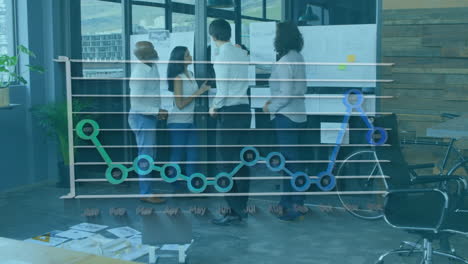 animación de gráficos financieros sobre diversas mujeres y hombres compañeros de trabajo en la oficina