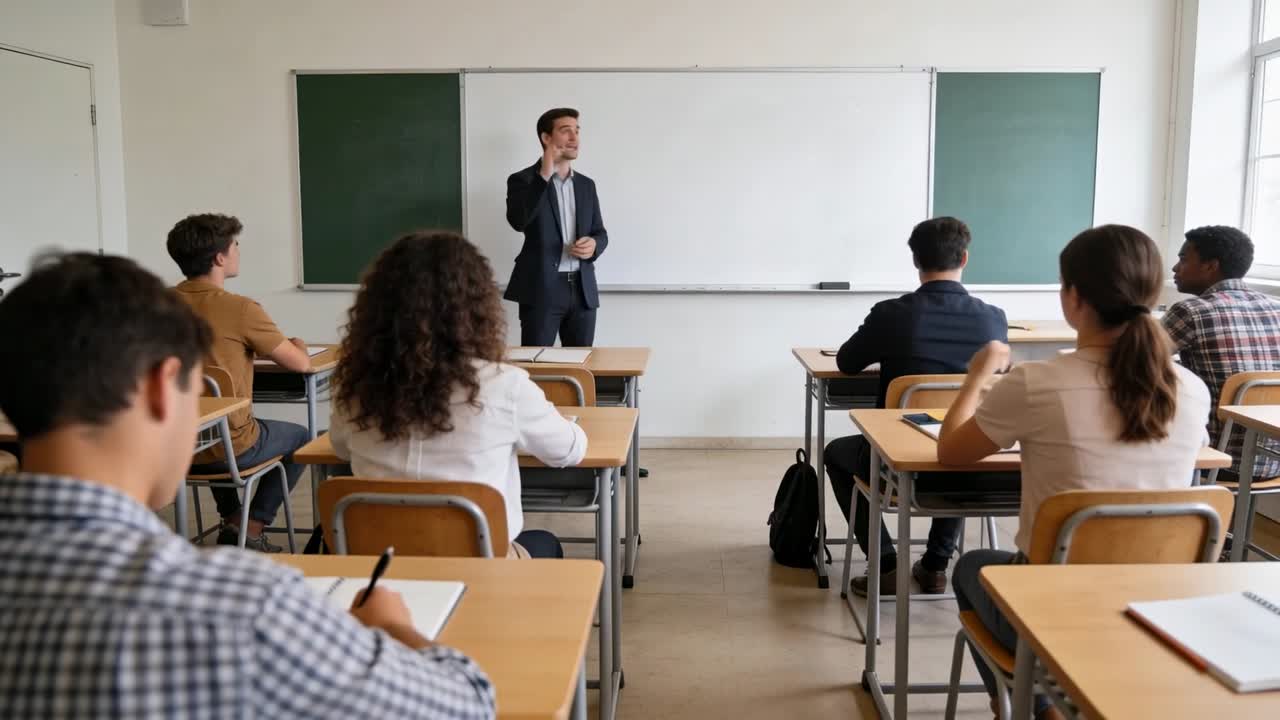 Insegnante che inizia la lezione in giacca da completo, indicando e spiegando in classe con la lavagna bianca