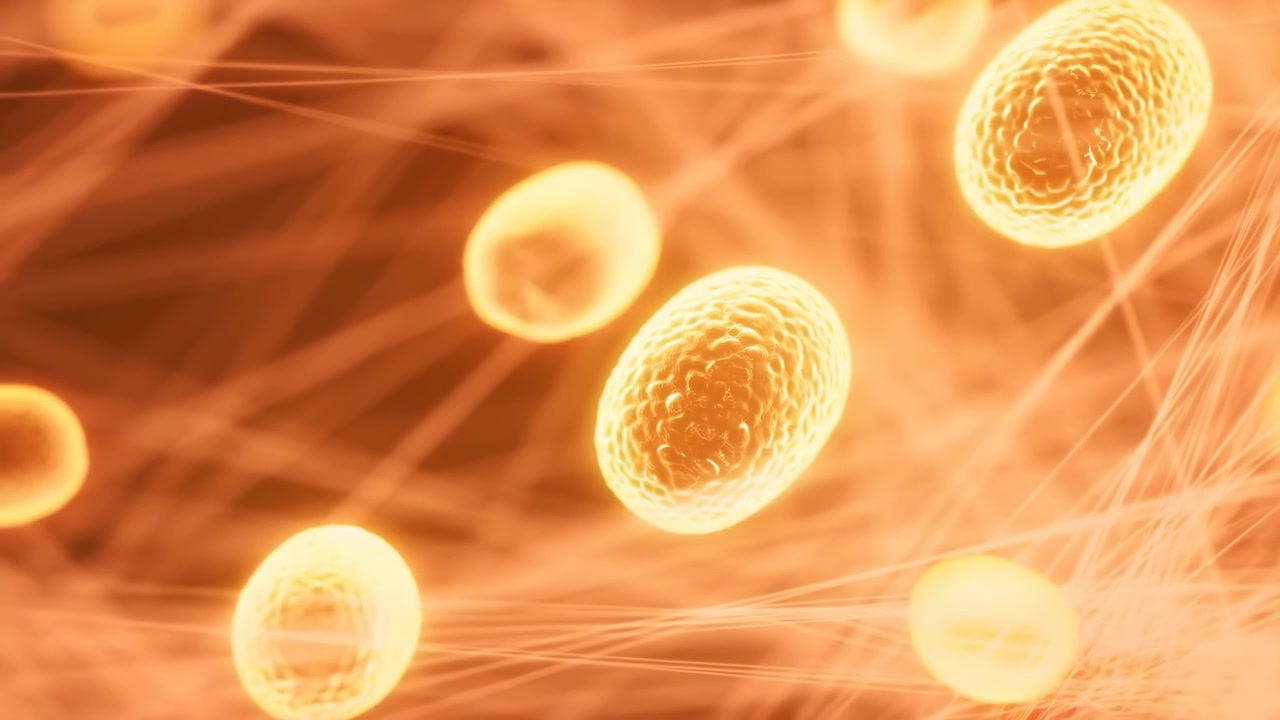 Forme ovali traslucide fluttuano in uno spazio illuminato d'arancione mentre sottili striature e particelle stratificate creano un movimento fluido, un contrasto morbido e una composizione astratta dettagliata con bordi luminosi e brillanti.