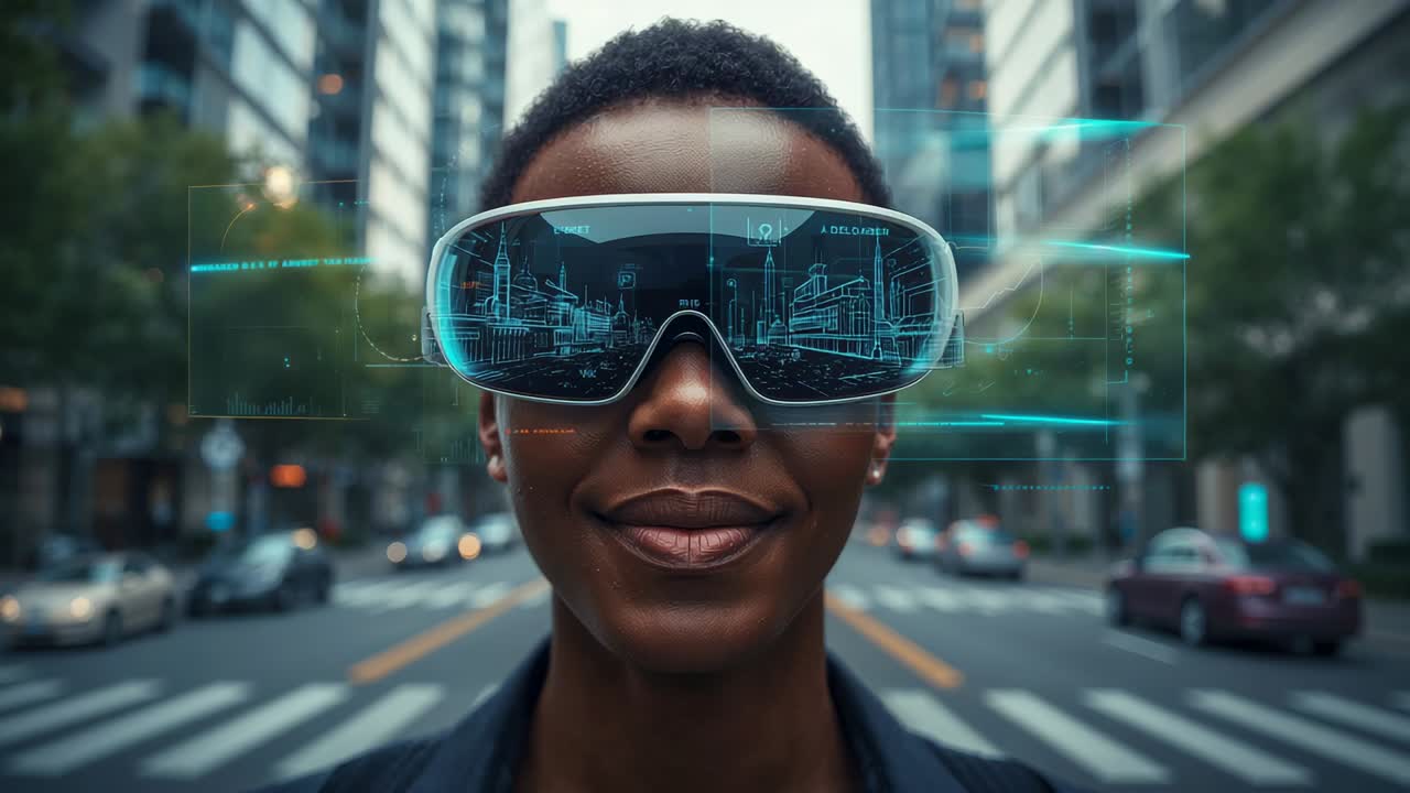 Reacting to goggles activating, woman in dark jacket viewing HUD expanding for route in crosswalk