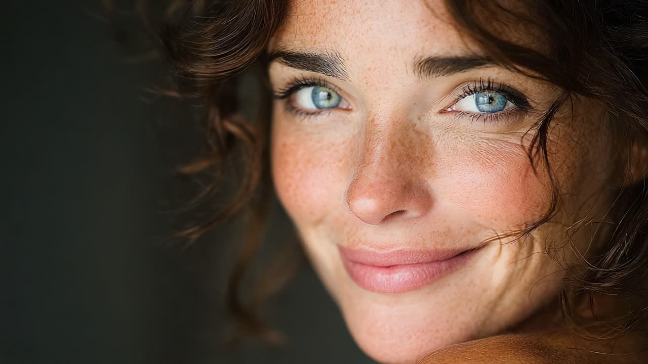 Un bellissimo ritratto di una donna sorridente con lentiggini e capelli ricci, i cui scintillanti occhi azzurri risplendono attraverso la fioca illuminazione sullo sfondo
