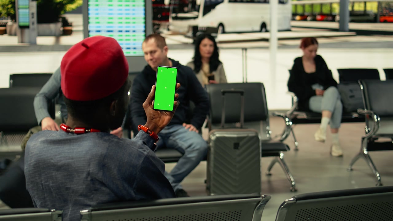 Vertical mockup on mobile phone with people sitting in busy bus terminal