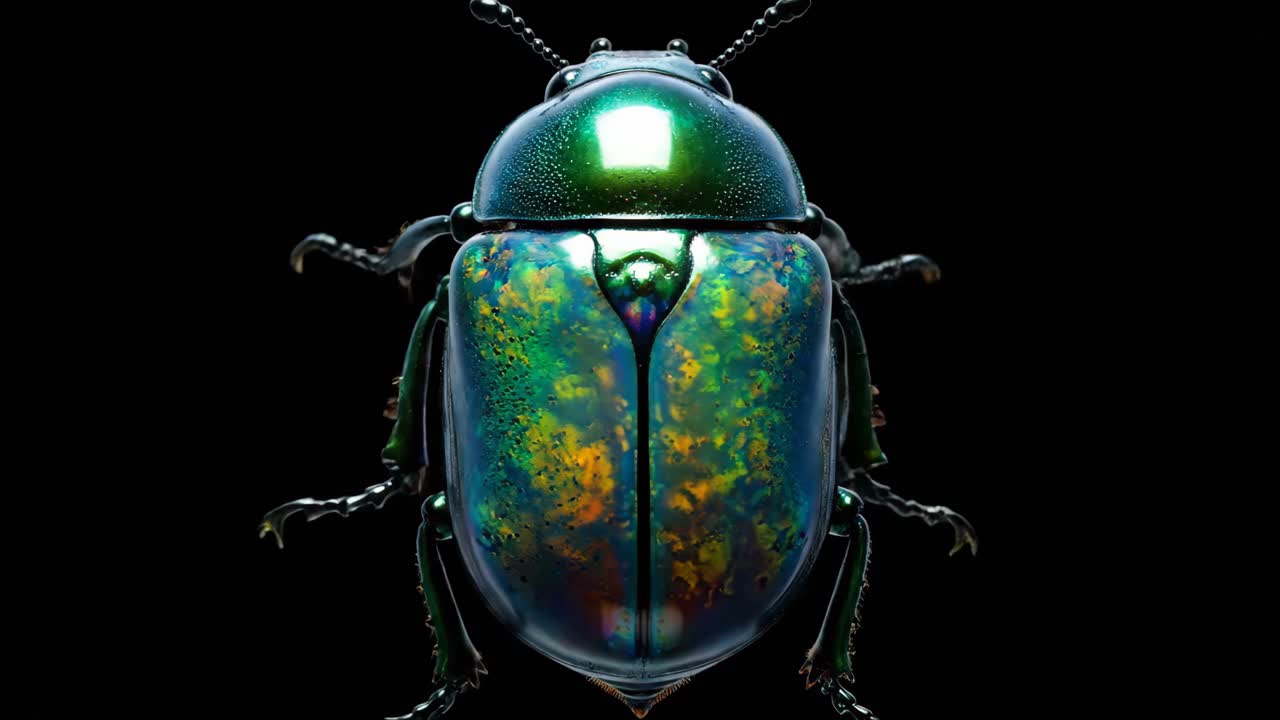 Iridescent Metallic Beetle on Black Background