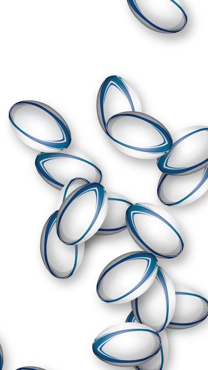 Diverse palle da rugby cadono e rimbalzano in un loop verticale su uno sfondo bianco pulito