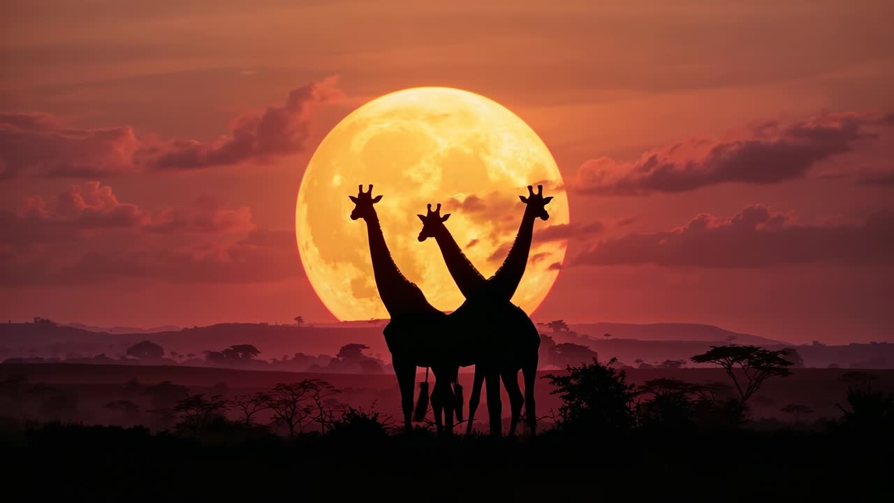 Stretching necks after moon glow intensifying, three giraffes separating on savannah with acacias