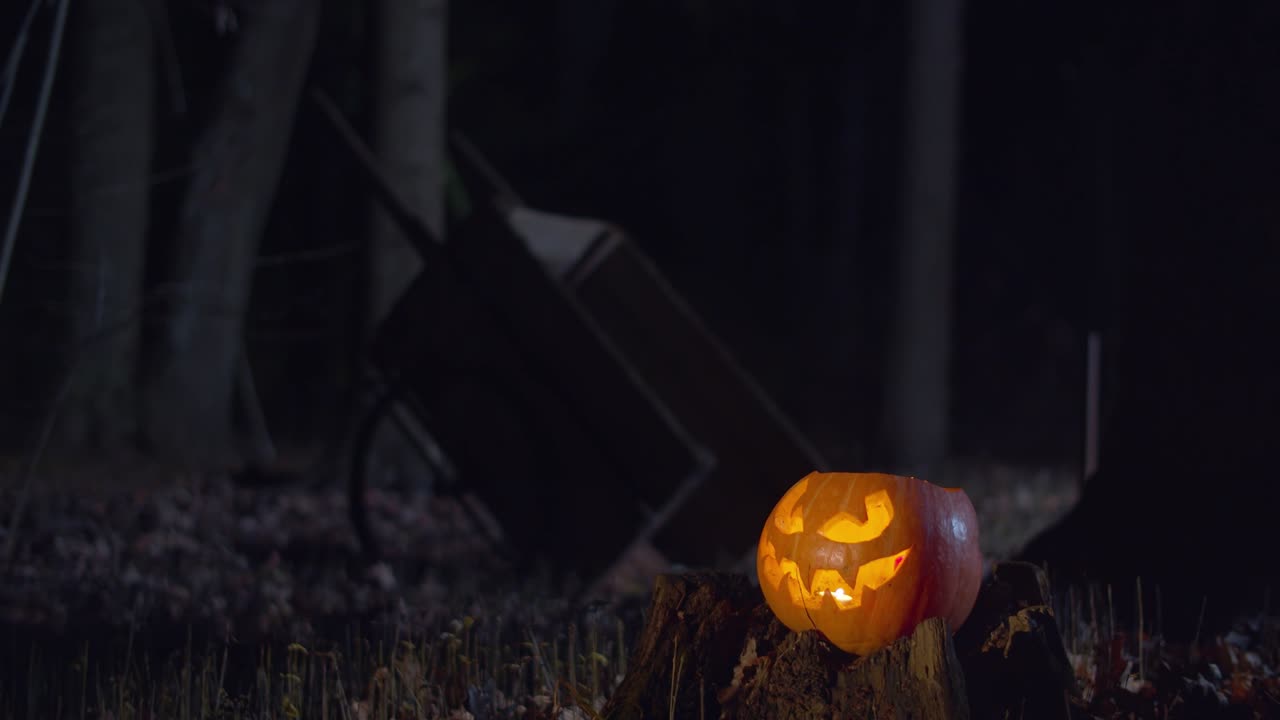 linterna de halloween con luz de vela en el bosque nocturno
