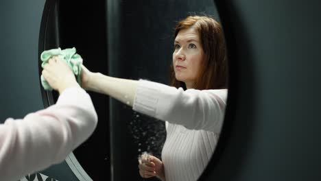 mujer limpiando el espejo en el baño