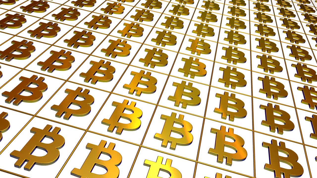 Gold bitcoin signs background. Seamless loop.