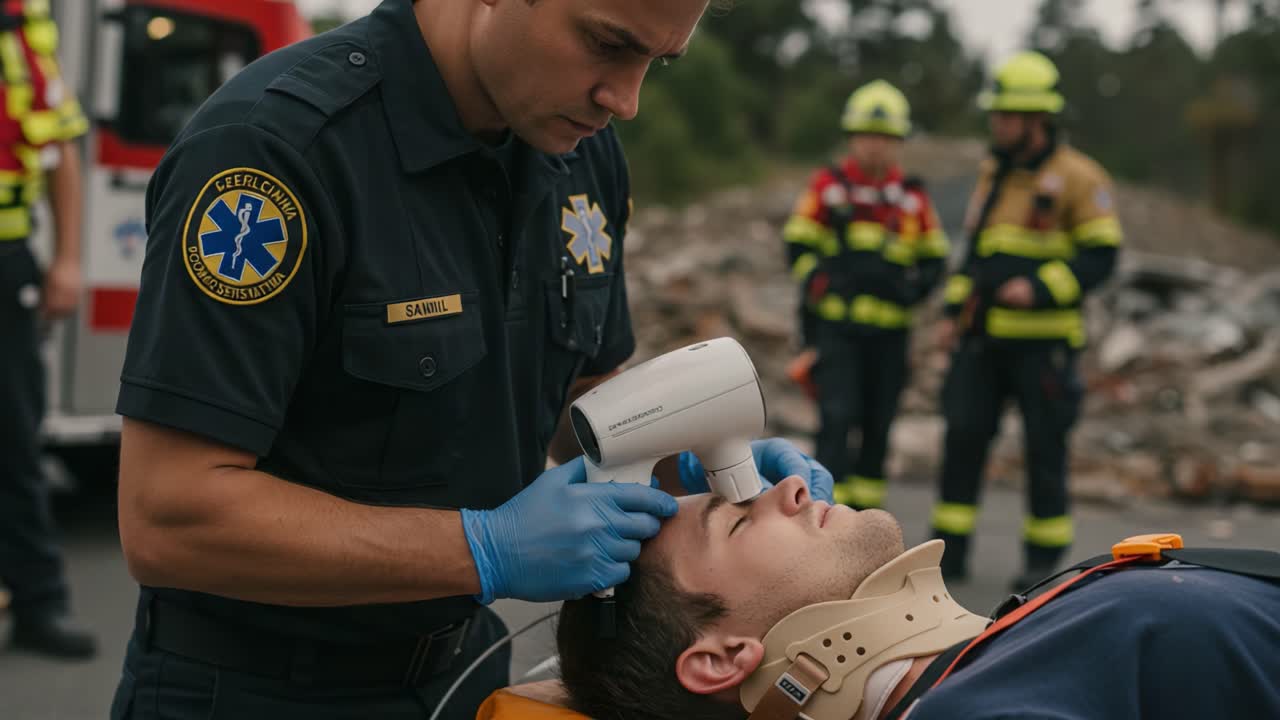 Emergency Medical Personnel Providing Critical Care to Injured Individual at Disaster Scene, Utilizing Advanced Monitoring Equipment for Assessment and Treatment