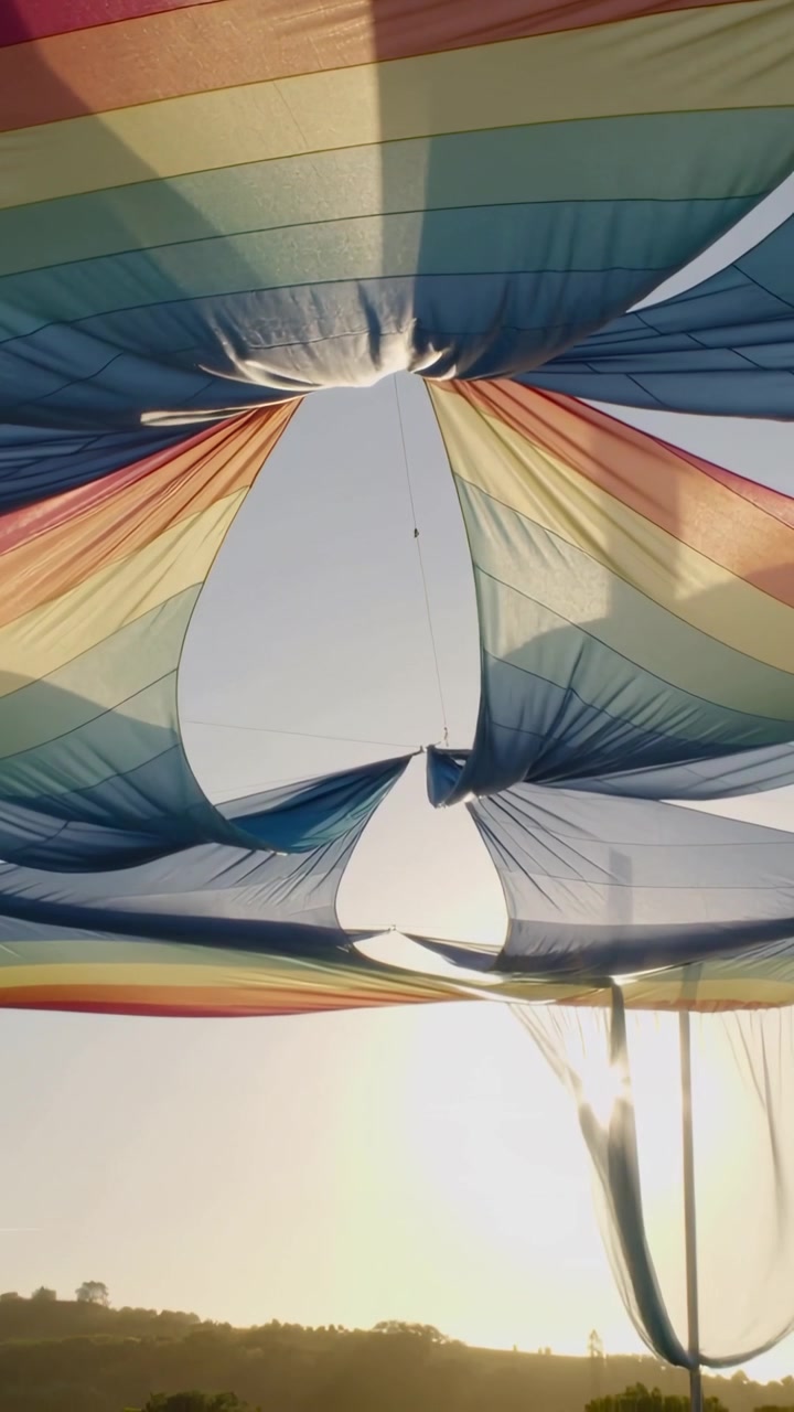 Video verticale: Baldacchino arcobaleno svolazzante che si sposta sopra una bassa cresta, il vento rivela un'apertura a goccia.