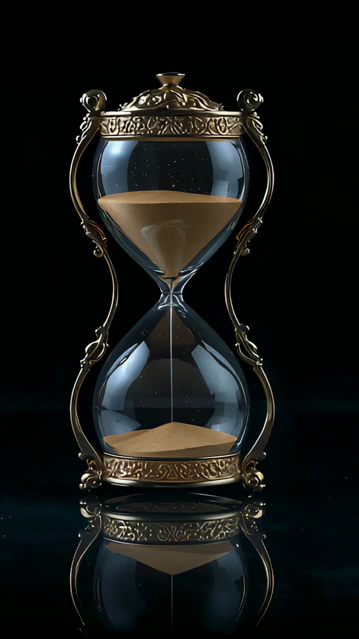 Vertical video: Pulling tan sand through hourglass, gravity forming pile on table, marking time