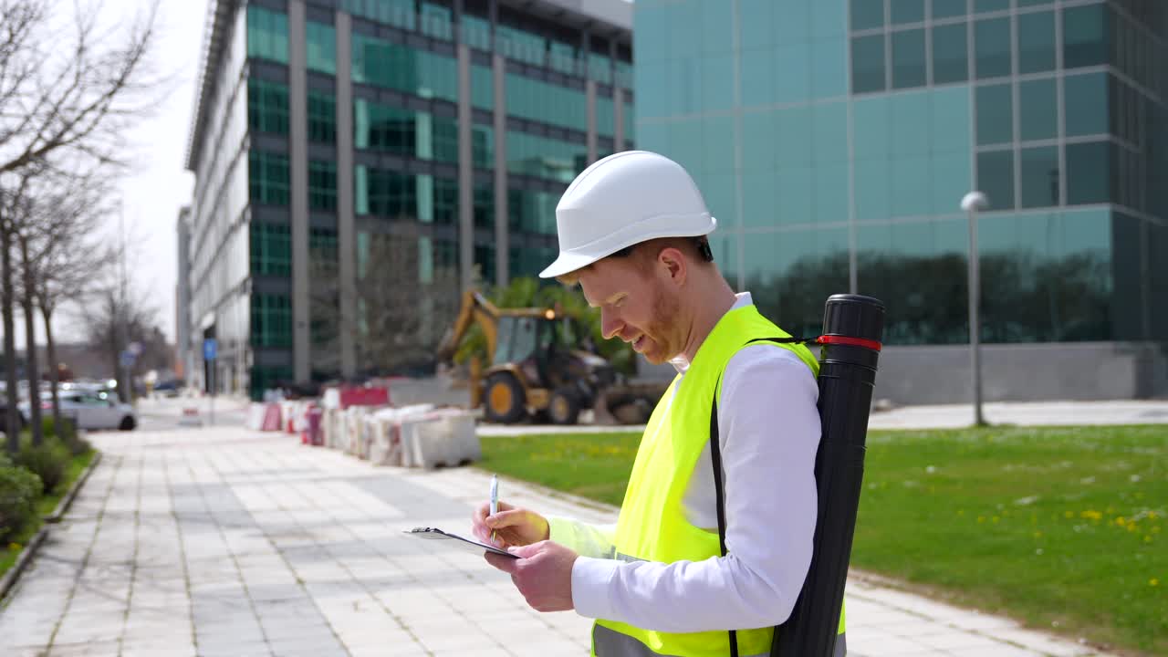Construction Worker with Clipboard in Urban Setting