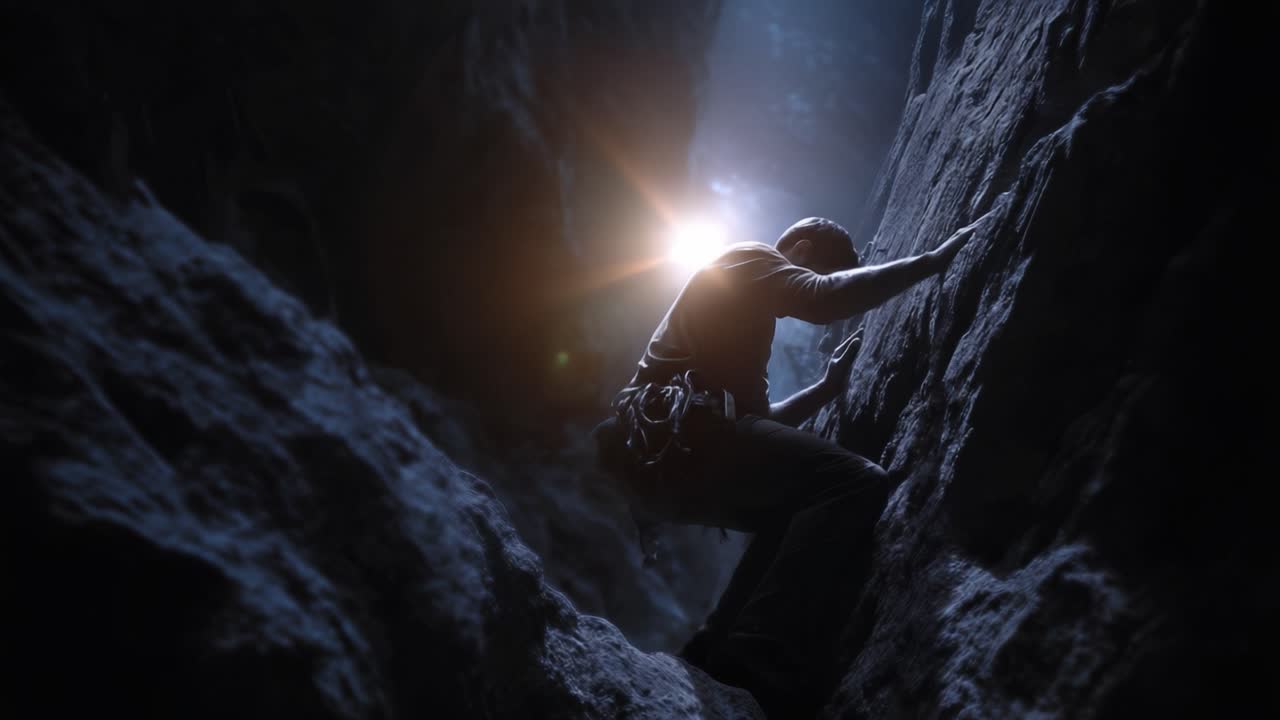 A determined climber ascends a rugged rock face, illuminated by ethereal light, showcasing the beauty and challenges of outdoor adventure and exploration