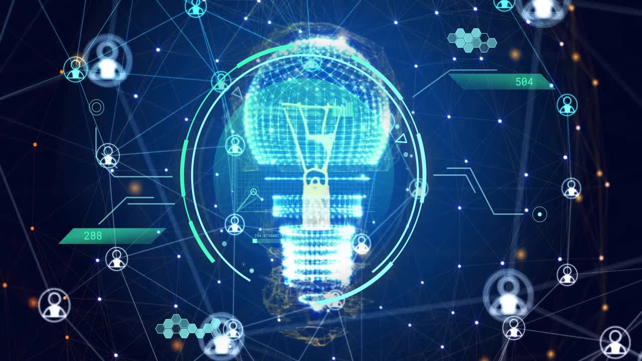 Animation of scanner, processing data, light bulb and communication networks on dark background