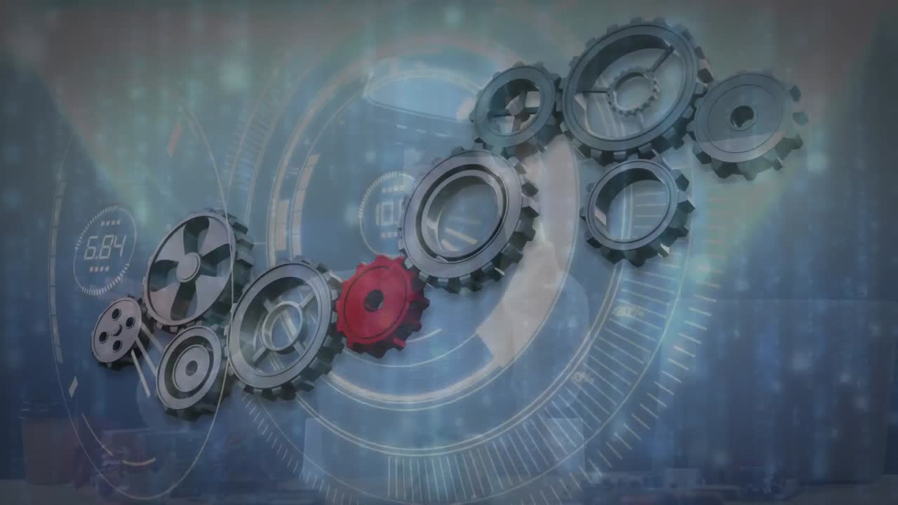 animación de escaneo de alcance y engranajes que se mueven sobre el hombre que usa auriculares vr