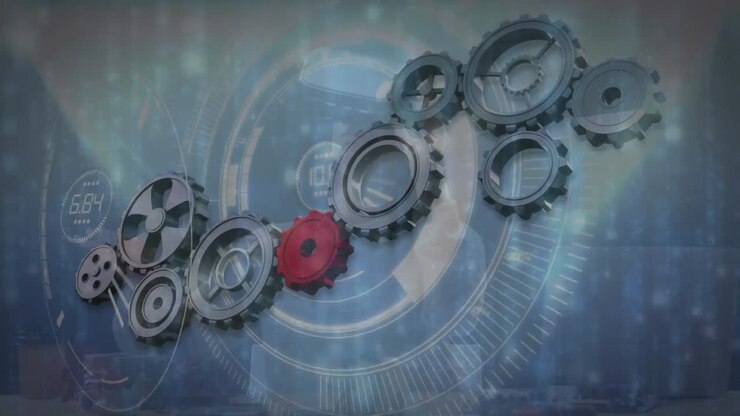 Animation of scope scanning and cogs moving over man wearing vr headset