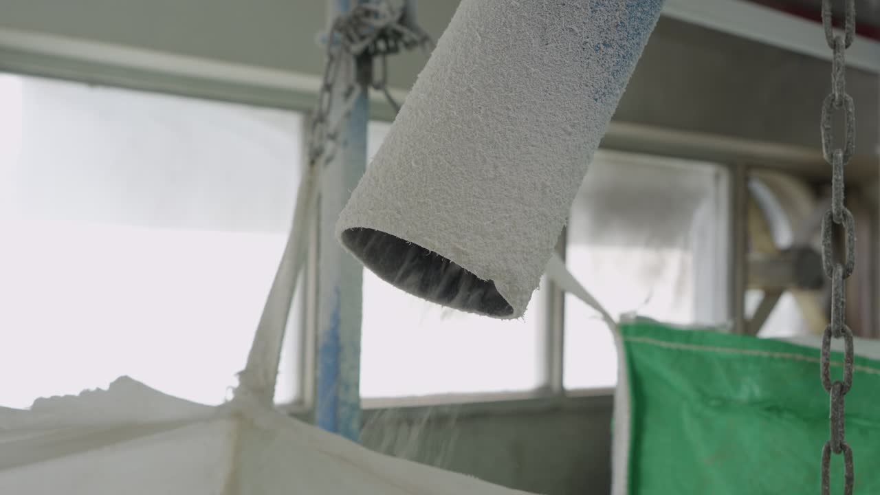 Industrial pipe outlet pouring recycled plastic pellets into green bulk bag suspended by chains