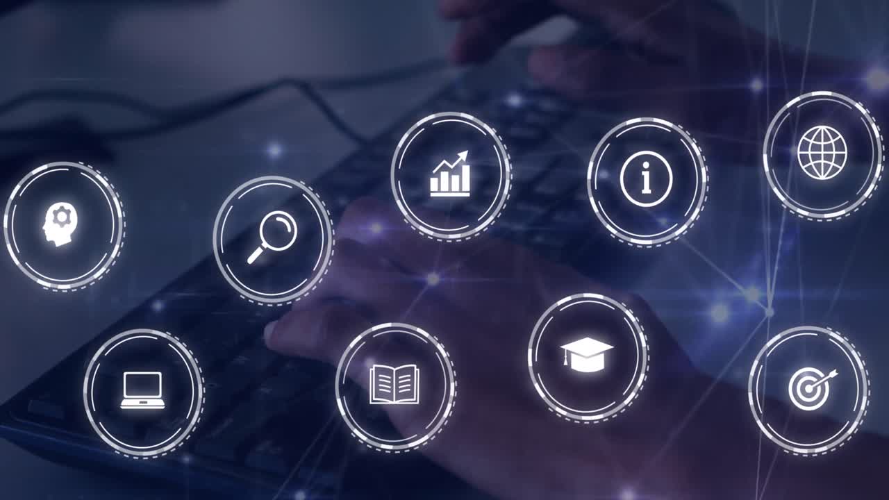 Animation of digital icons and network of connections over mid section of person typing on keyboard