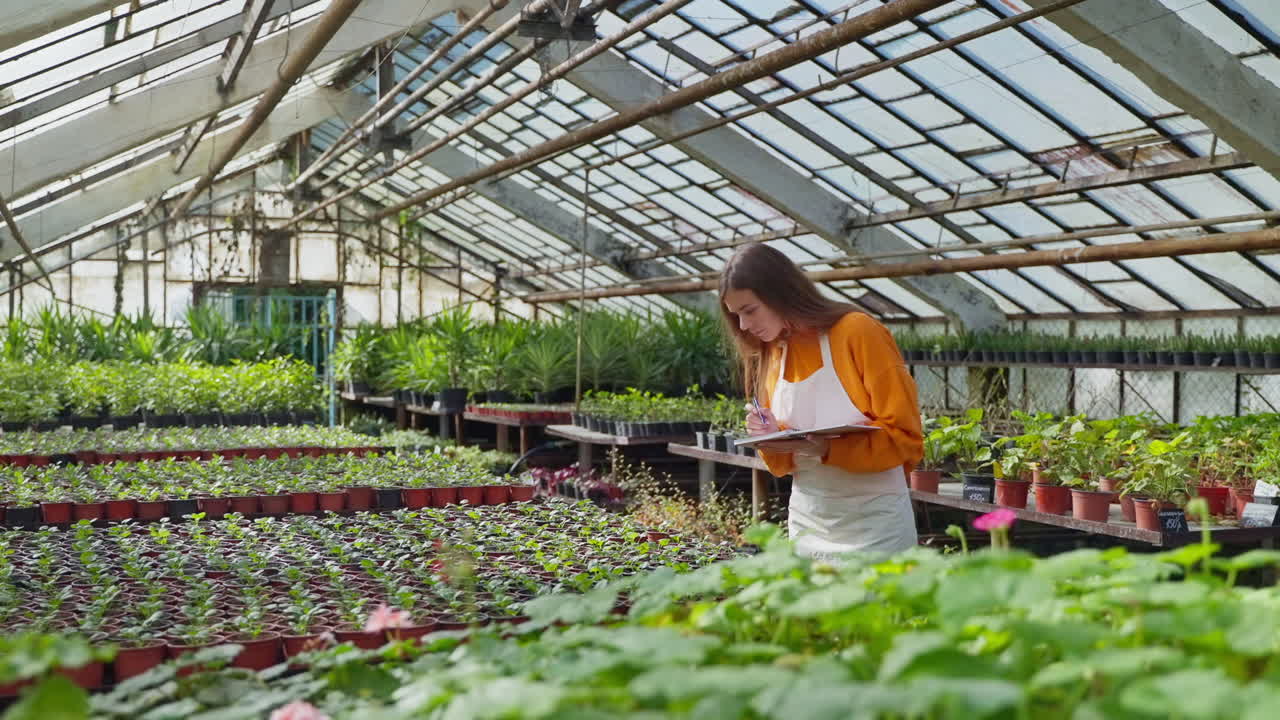 mujer inspeccionando plantas en un invernadero