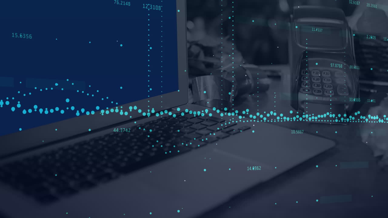 노트북과 결제 단말기를 통해 금융 데이터 처리의 애니메이션