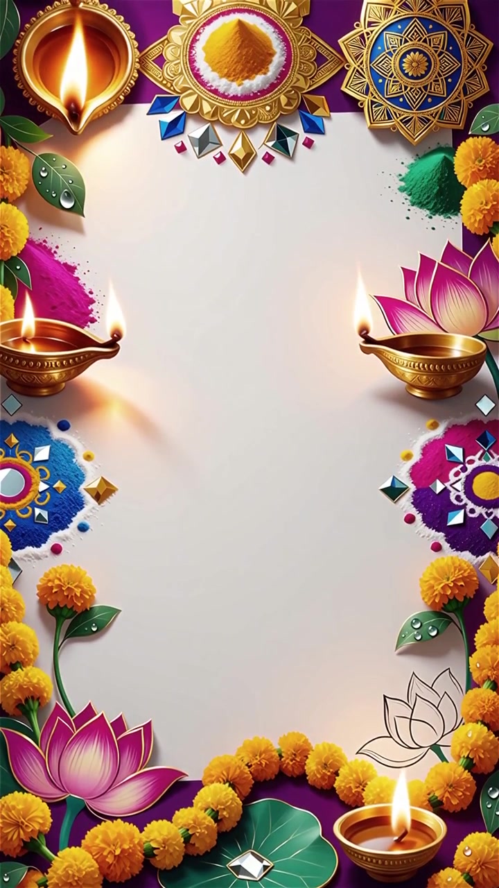 Sfondo Diwali con Diyas luminosi, Rangoli e fiori di loto
