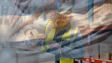 animation of flag of argentina over caucasian male worker in warehouse