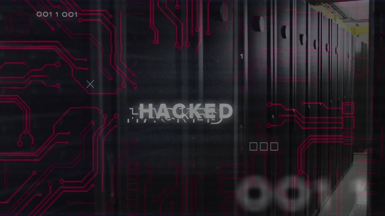 Animation of hacked text over data processing and server room