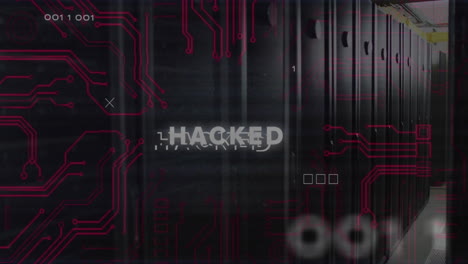 animazione di testo hackerato attraverso l'elaborazione dei dati e la sala server