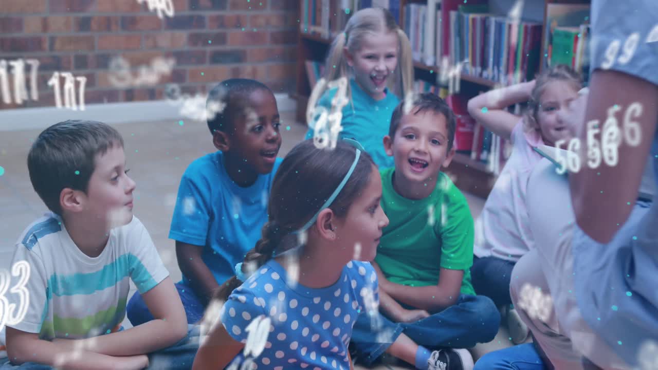 Animation of numbers and symbols over happy school children