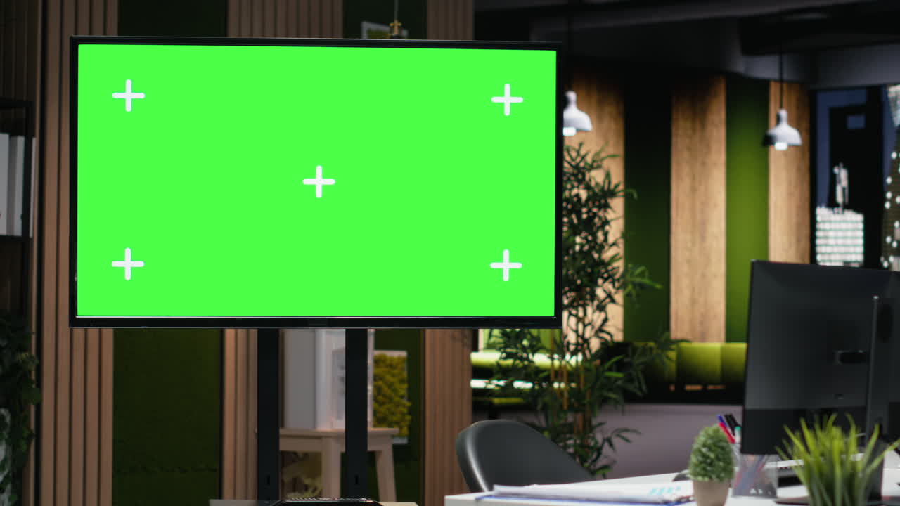 Display con schermo verde e marcatori di tracciamento in un ufficio moderno vuoto