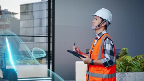 ingeniero que utiliza la tecnología de tableta y ar para el diseño de la construcción