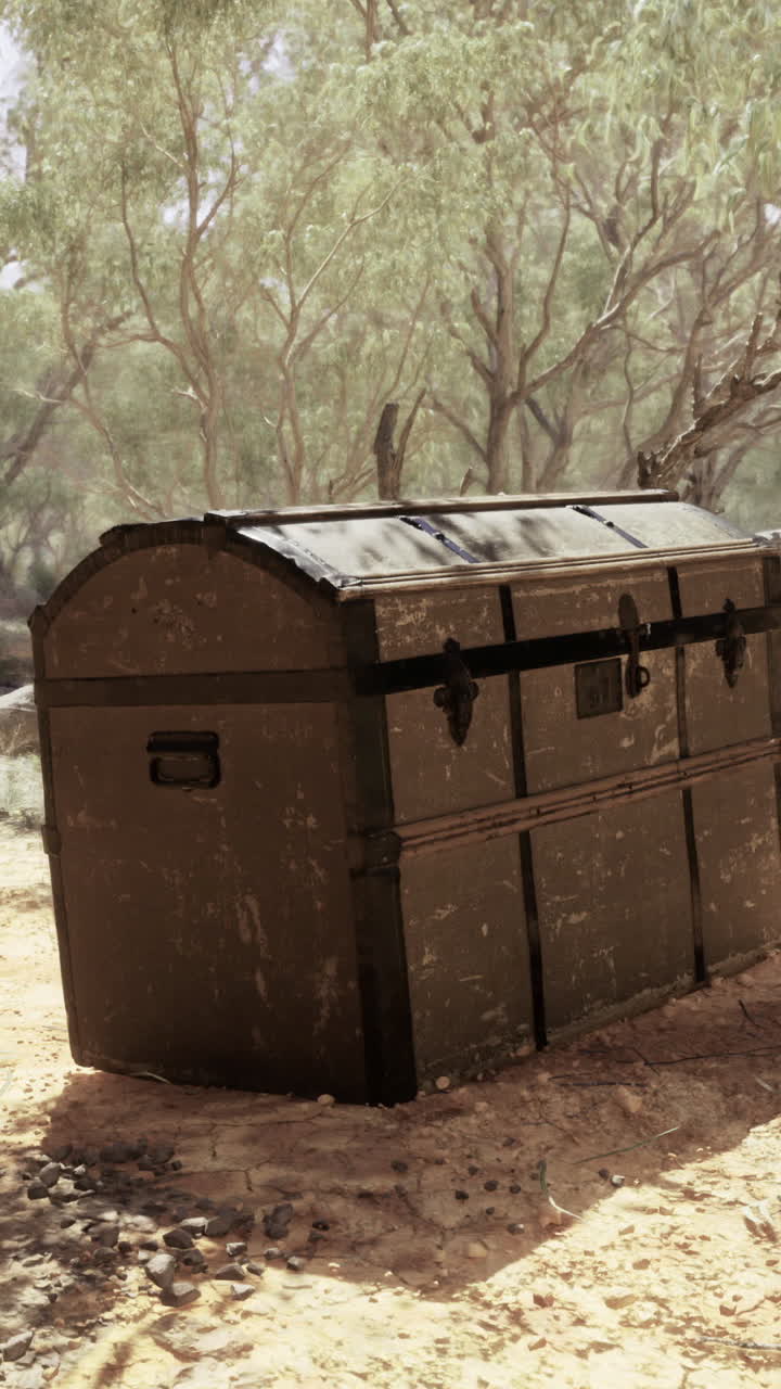 Mysterious treasure chest discovered in sandy landscape surrounded by trees
