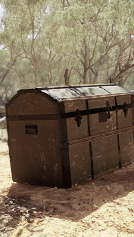 mysterious treasure chest discovered in sandy landscape surrounded by trees