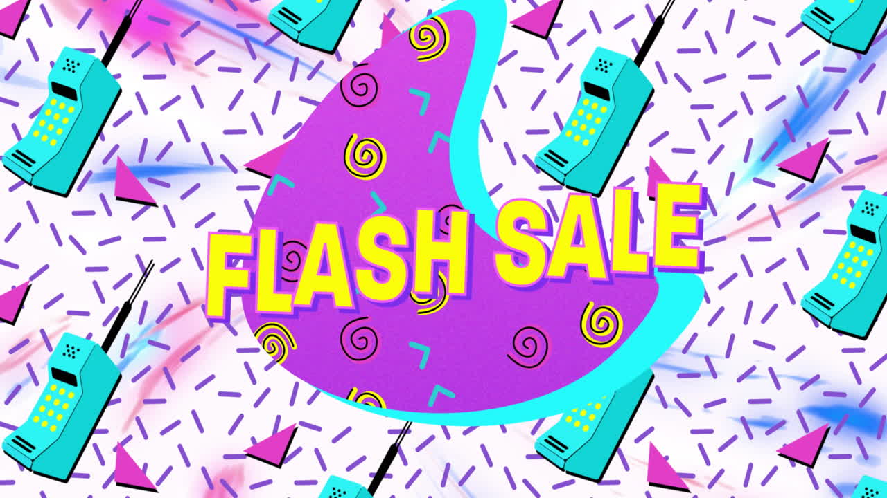 ⁇ 색 배경에 끊임없는 패턴으로 전화 아이콘에 대한 보라색 배너에 플래시 판매 텍스트