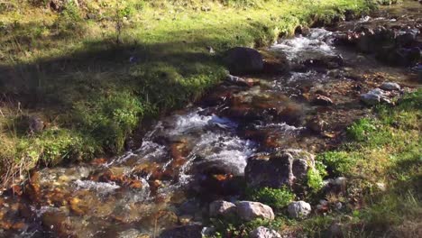 rocks in stream with smooth flowing water at piatra craiului mountain in brasov county, romania, static shot