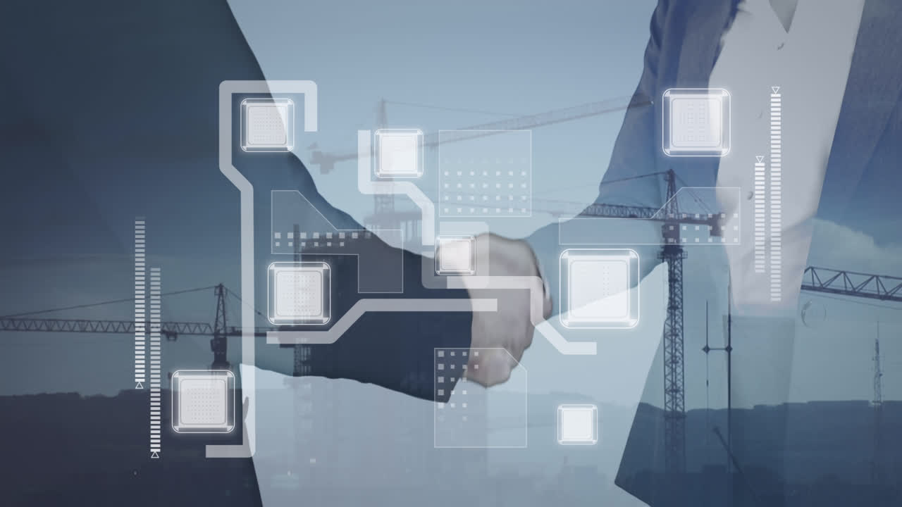 건설 현장과 백인 사업가들이 손을 흔들고 있는 데이터 처리 애니메이션