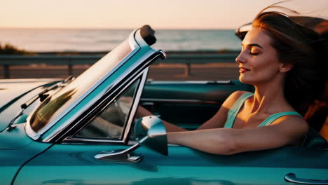 woman driving a classic convertible at sunset