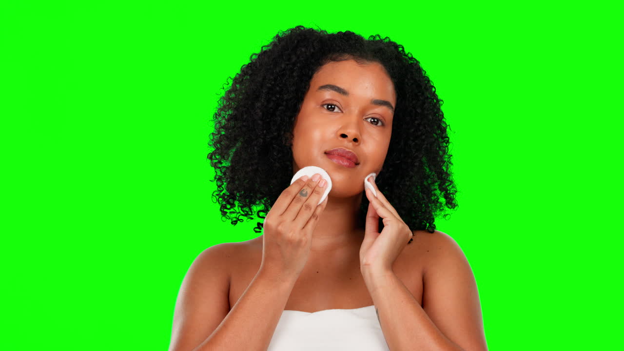 Face, green screen and woman with skincare