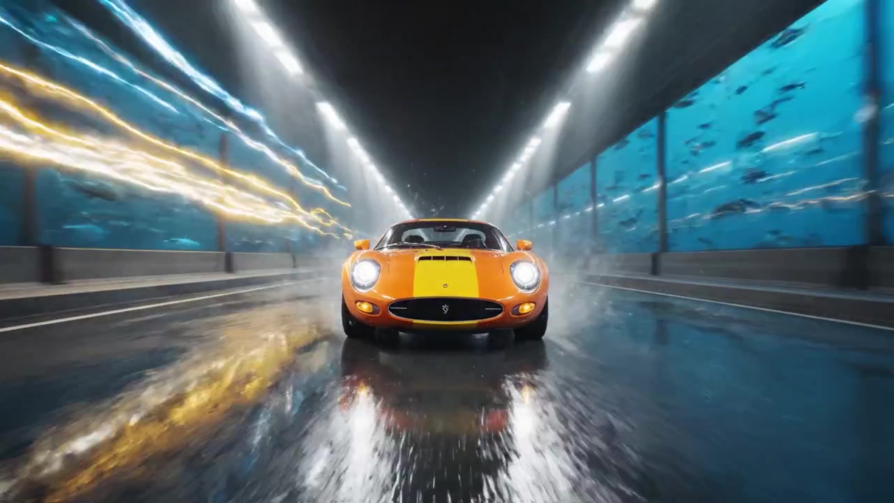 Dynamisk nærbillede af en orange sportsvogn, der accelererer gennem en regnfuld undervandstunnel, skaber stænk og refleksioner i en visuelt betagende ramme