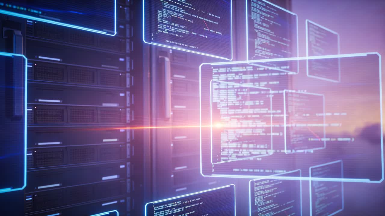 Appearing code panels shifting and sliding in front of racks, with lens flare, showing data flow