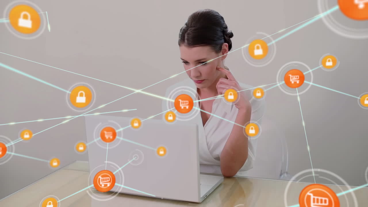 animación de una red de iconos digitales sobre una mujer caucásica pensativa usando una computadora portátil