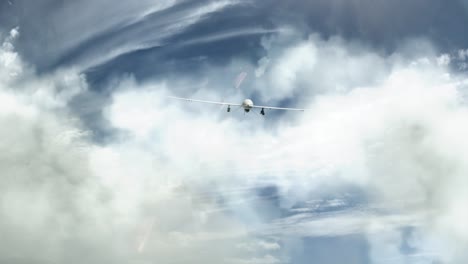 military drone approaching through the clouds