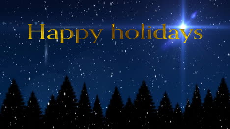 animation of happy holidays text and snow falling over trees on blue background