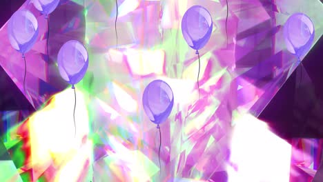 animación de globos púrpuras sobre un fondo de cristal brillante.