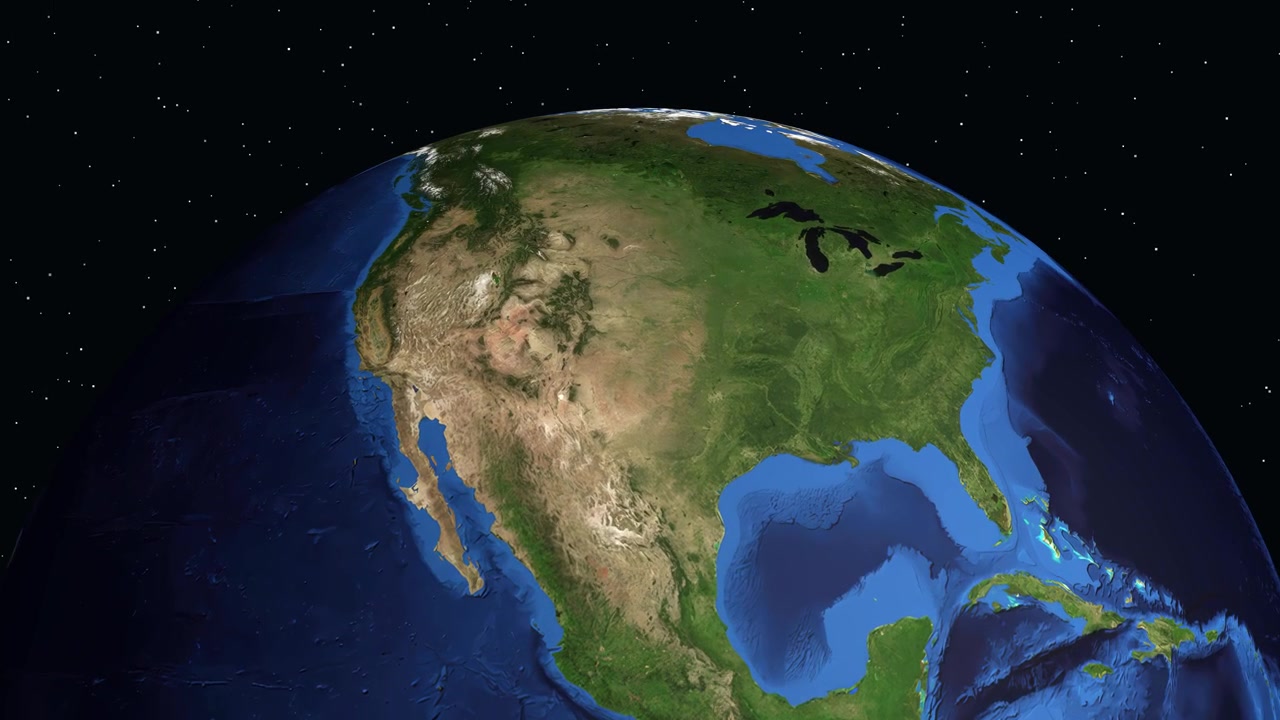 A rotating 3D globe zooms into North America, highlighting Amarillo, Texas with informational text