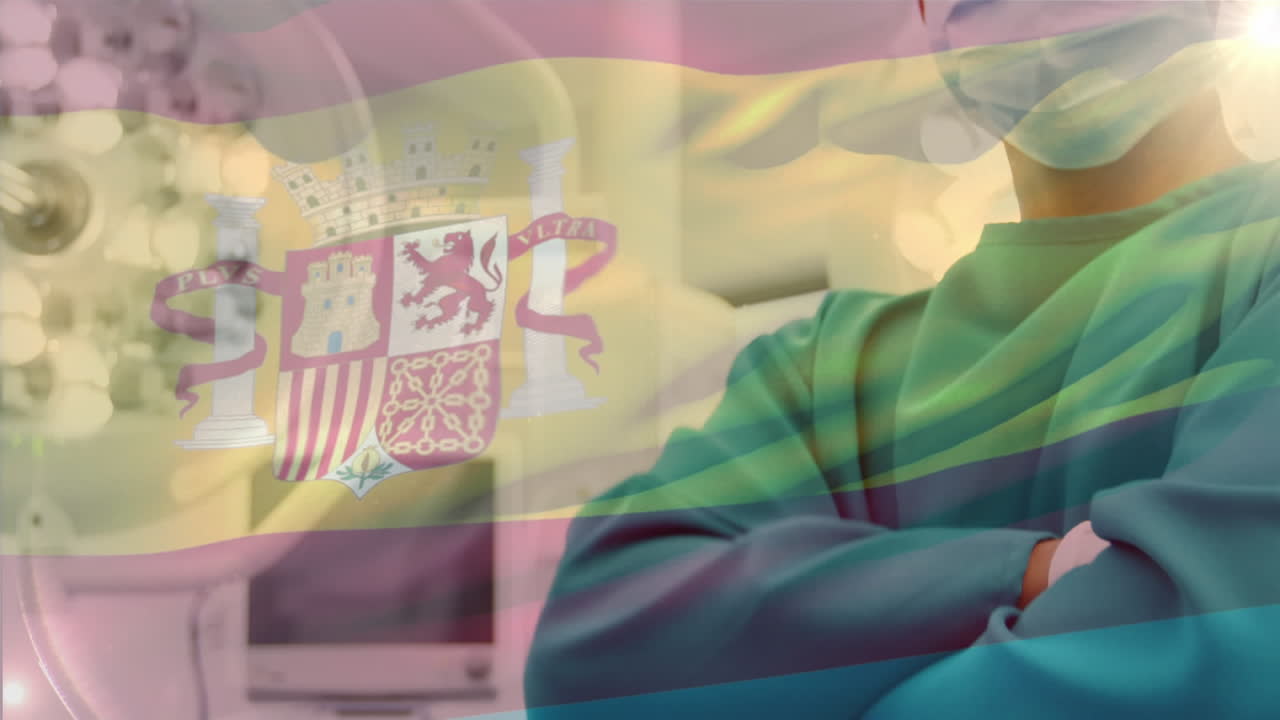 animación de la bandera de españa ondeando sobre el cirujano en el quirófano