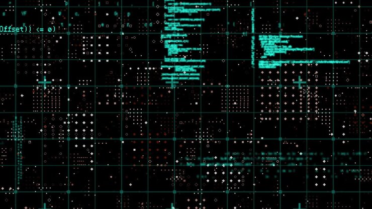 Animation of data processing over grid network against rows dots pattern on black background
