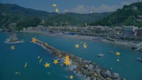 Yellow stars animation over scenic coastal town with rocky breakwater and mountains