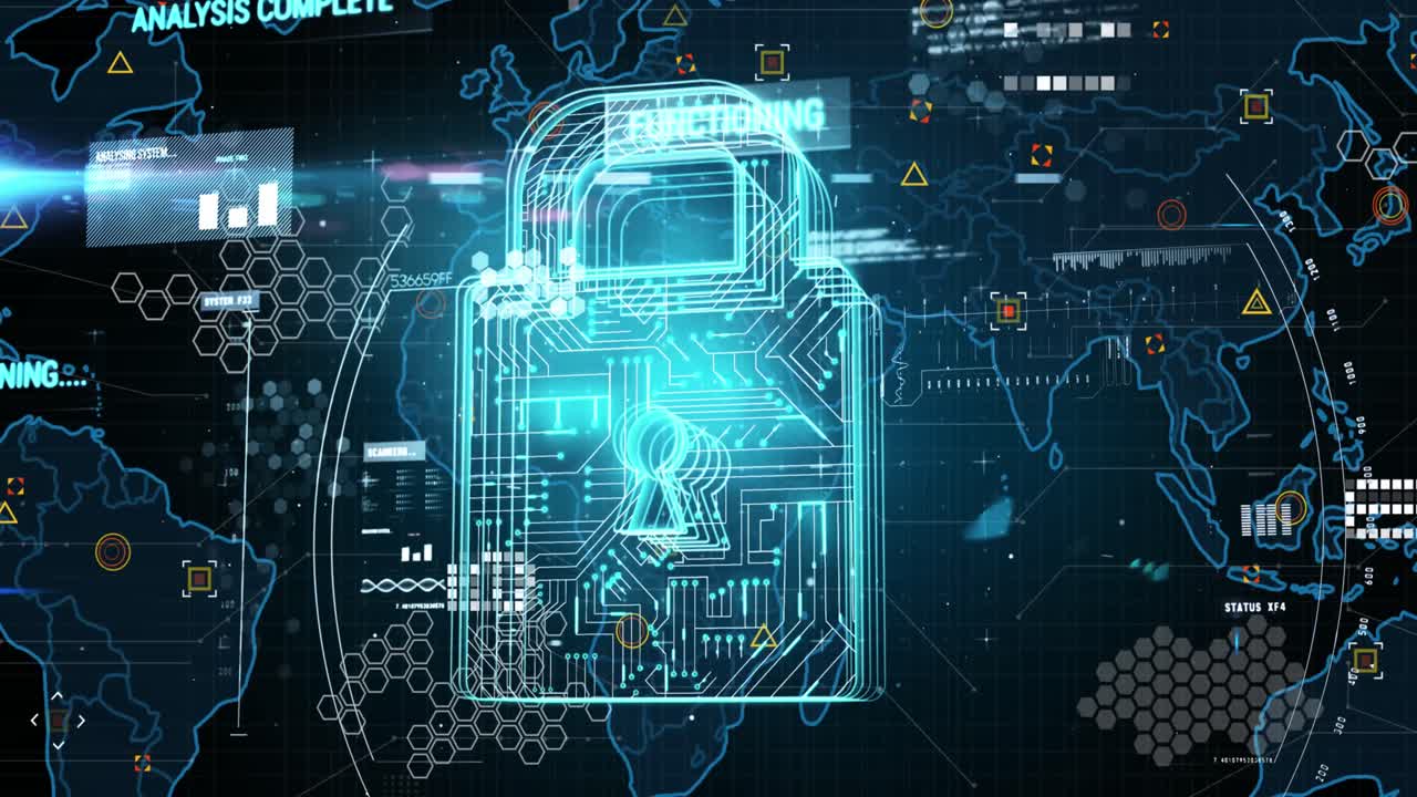 Animation of online security padlock, markers and data processing over world map